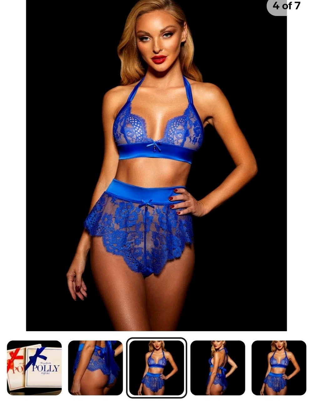Honey Birdette Electric Blue Lace Halter Bralette & Skirted Brief